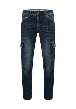 Dunkelblaue Jeans-Cargo-Hosen mit mehreren Taschen, Knopfverschluss und strukturierter Oberfläche. Verfügen über eine subtile Waschung für zusätzliche Details.