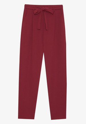 Bordeaux broek met een gestrikte tailleband, voorzien van twee zijzakken, een rechtvallende pasvorm en een gladde, zachte stoftextuur.