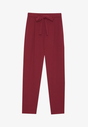 Pantaloni bordeaux con cintura annodata, dotati di due tasche laterali, una vestibilità dritta e una texture di tessuto liscia e morbida.
