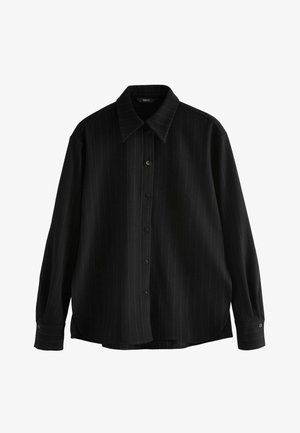 Juodas ilgomis rankovėmis marškinis su smailiu apykakle, su vertikaliomis juostelėmis, su sagomis priekyje ir su rankogaliais. Minkšta audinio tekstūra.