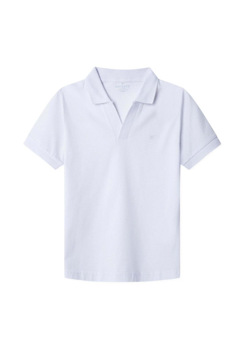 Hvit polo skjorte laget av myk bomull, med ribbestrikket krage, korte ermer, og en liten brodert logo på brystet.