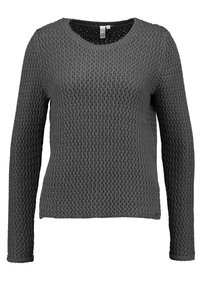 Grijze lange mouwen trui met een gestructureerd, gebreid patroon en een ronde halslijn. De stof lijkt zacht en ademend te zijn.