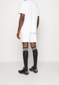 Vit kortärmad t-shirt, vita shorts med gyllene ränder, svarta knästrumpor med vita ränder och svarta fotbollsskor med färgglada detaljer.