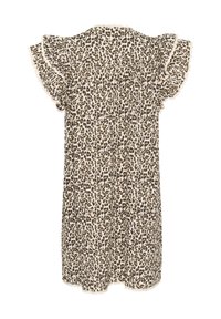 Kleid im Leopardenmuster mit kurzen, gerüschten Ärmeln, cremefarbener Basis und braun-schwarzen Punkten. Mit gewelltem Saum entlang der Ärmel. Weicher Stoff.
