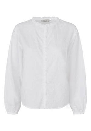 Hvid bomuldsbluse med et flæset halsudskæring og frontstykke, med lange ærmer med elastiske manchetter og en afslappet pasform.