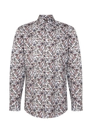Biała koszula na długi rękaw z guzikami, z drobnym, szczegółowym wzorem kwiatowym w odcieniach czerni, brązu i ciemnej czerwieni, kołnierzyk rozłożysty.