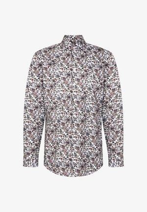 Biała koszula na długi rękaw z guzikami, z drobnym, szczegółowym wzorem kwiatowym w odcieniach czerni, brązu i ciemnej czerwieni, kołnierzyk rozłożysty.