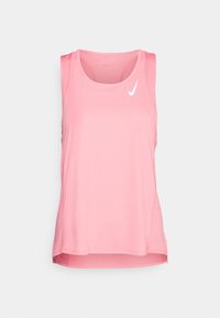 Top deportivo sin mangas de color rosa, fabricado con tejido ligero, que presenta un escote redondeado y un pequeño logo de Nike en color blanco en el pecho.