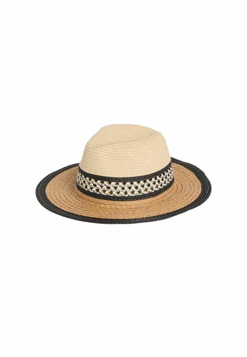 Chapeau en paille tressée à large bord avec couronne beige, bord marron, bordure noire et bande à motifs noir et blanc autour de la base.