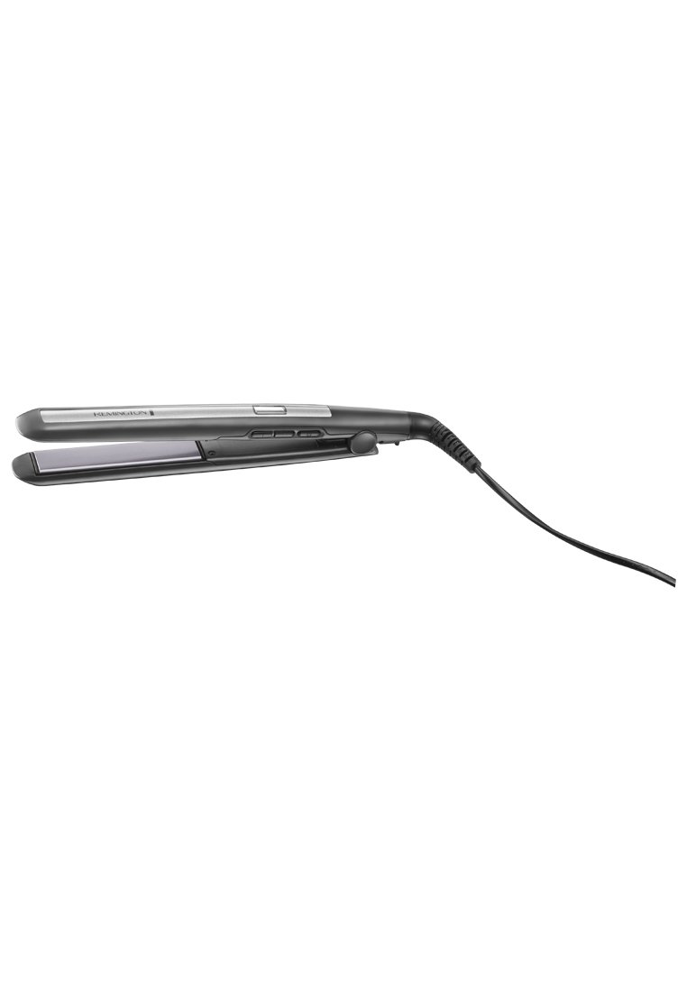 Haarstraightener mit einem eleganten Design in Schwarz und Silber, flachen Keramikplatten, Bedientasten am Griff und einem angeschlossenen Stromkabel.