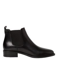Bottes Chelsea en cuir noir avec panneaux latéraux élastiques, texture lisse, bout arrondi et petit talon bloc. Comprennent une languette à l'arrière.