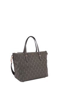 Ciemnoszara torebka z kwiatowym wzorem, teksturowany materiał, podwójne uchwyty u góry oraz odpinany pasek na ramię. Wyposażona w akcenty z różowego złota.