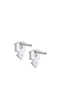 Orecchini a clip in argento con design floreale, caratterizzati da una piccola pietra iridescente e marchiati '925' per l'autenticità dell'argento sterling.
