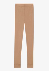 Beige full-length leggings with high waistband, slim fit, and small reflective logo on upper left thigh.