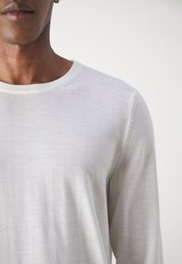 Maglione grigio chiaro a maniche lunghe con colletto rotondo e texture liscia, caratterizzato da dettagli di cucitura sottili sulle spalle.
