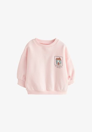 Rosa sweatshirt med rund hals, puffärm och dragsko i nederkant. Har ett broderat hus och texten "MY FAVOURITE PLACE" på framsidan.