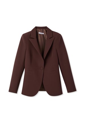 Blazer marrone con un design strutturato, rever a scollo, chiusura a un bottone e due tasche frontali. Fodera interna liscia.