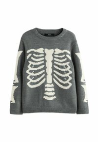 Grå strikket trøje med et oversized hvidt skeletdesign over fronten og ærmerne, med rund halsudskæring og ribbet nederkant.