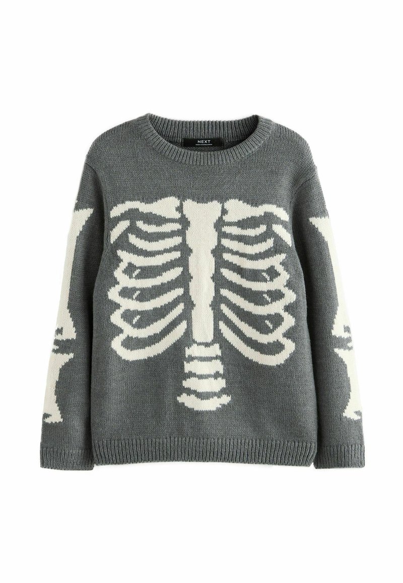 Grå strikket trøje med et oversized hvidt skeletdesign over fronten og ærmerne, med rund halsudskæring og ribbet nederkant.
