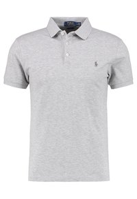 Gray polo shirt made of breathable cotton. Features a classic collar, short sleeves, three-button placket, and embroidered logo on the chest.