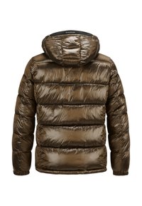 Braune Pufferjacke mit glänzender, gesteppter Textur, ausgestattet mit Kapuze und elastischen Bündchen, konzipiert für Wärme und eine schlanke Silhouette.