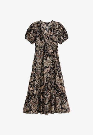 Vestido envolvente negro con flores, mangas cortas abullonadas, cintura ajustada, falda acampanada y patrones intrincados en crema y rojo.