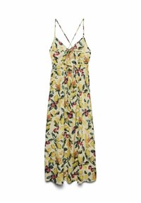 Robe maxi florale en tissu jaune avec des feuilles vertes, des fleurs rouges et jaunes, et des motifs de citrons. Dispose de fines bretelles réglables et d'un devant à nouer.