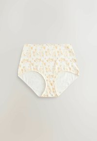 Culotte blanche taille haute pour femme avec motif floral jaune et petit nœud décoratif au centre devant, posée à plat sur une surface claire.
