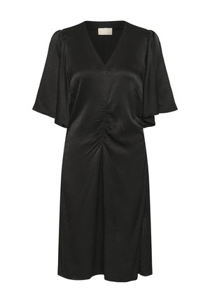 Robe midi en satin noir avec col en V, manches volantées et détail froncé au centre devant.