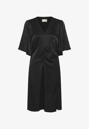 Zwarte satijnen midi-jurk met V-hals, fladdermouwtjes en plooidetail in het midden aan de voorkant.