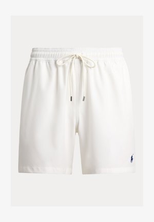 Baltos plaukimo šortai, pagaminti iš lygaus, lengvo audinio. Turi elastinę juosmens juostą su raišteliais ir mažą tamsiai mėlyną logotipą.