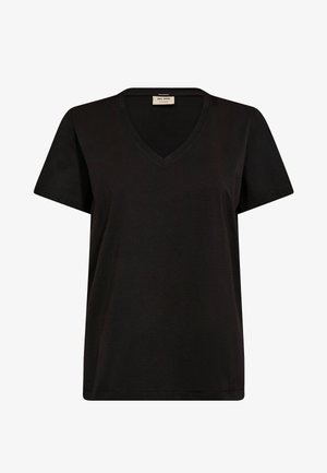 Black V-neck t-shirt. Short sleeves, made of soft cotton, features a classic cut with a neat, straight hem and minimal stitching details.