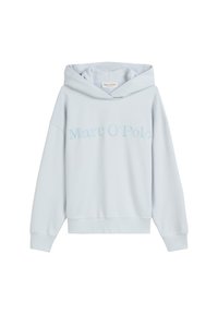 Lichtblauwe hoodie van zachte stof, met een verstelbare trekkoordkap en geborduurde tekst "Marc O'Polo" op de voorkant.