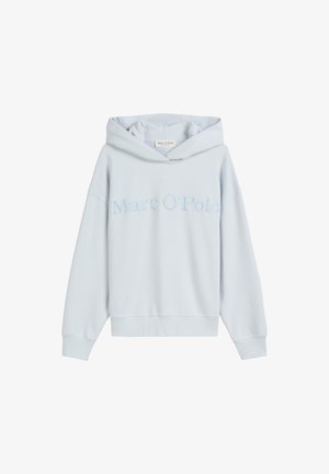 Helle blaue Kapuzenjacke aus weichem Material, ausgestattet mit einer verstellbaren Kordelzugkapuze und gesticktem "Marc O'Polo"-Text auf der Vorderseite.