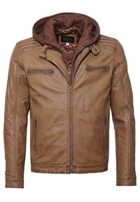 Ruskea nahkatakki, jossa on irrotettava ruskea huppu. Ominaisuuksiin kuuluu kaksi vetoketjullista rintataskua ja sileä pinta, jossa on kirjailuja hartioilla.