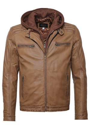 Braune Lederjacke mit abnehmbarem braunen Kapuzen. Verfügt über zwei Reißverschlusstaschen auf der Brust und hat eine glatte Textur mit gesteppten Akzenten an den Schultern.