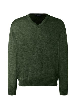 Grüner Strickpullover, V-Ausschnitt-Design, lange Ärmel, gerippte Bündchen und Saum, weiche Textur, gleichmäßiges Strickmuster mit subtilen Farbvariationen.