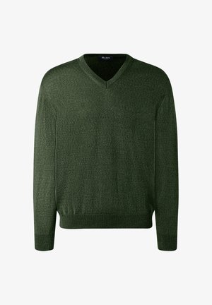 Pull-over en tricot vert, design à col en V, manches longues, poignets et ourlet côtelés, texture douce, tricot uniforme avec de subtiles variations de teinte.