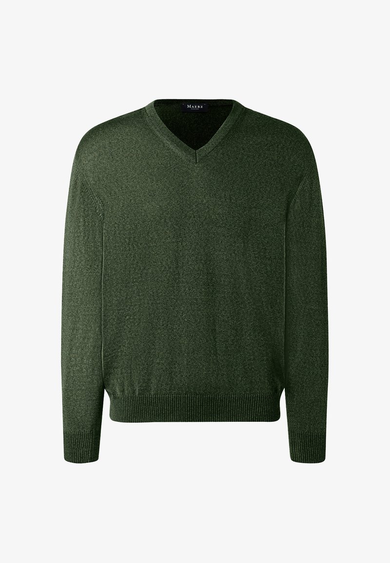 Grüner Strickpullover, V-Ausschnitt-Design, lange Ärmel, gerippte Bündchen und Saum, weiche Textur, gleichmäßiges Strickmuster mit subtilen Farbvariationen.