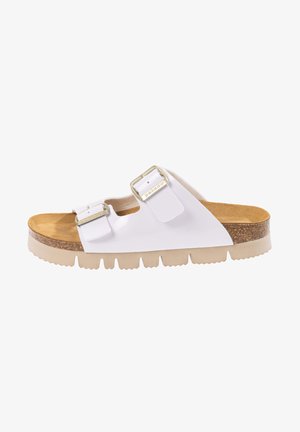 White slide sandal with two adjustable buckles, cork footbed, and a beige rubber sole featuring a textured pattern for grip.