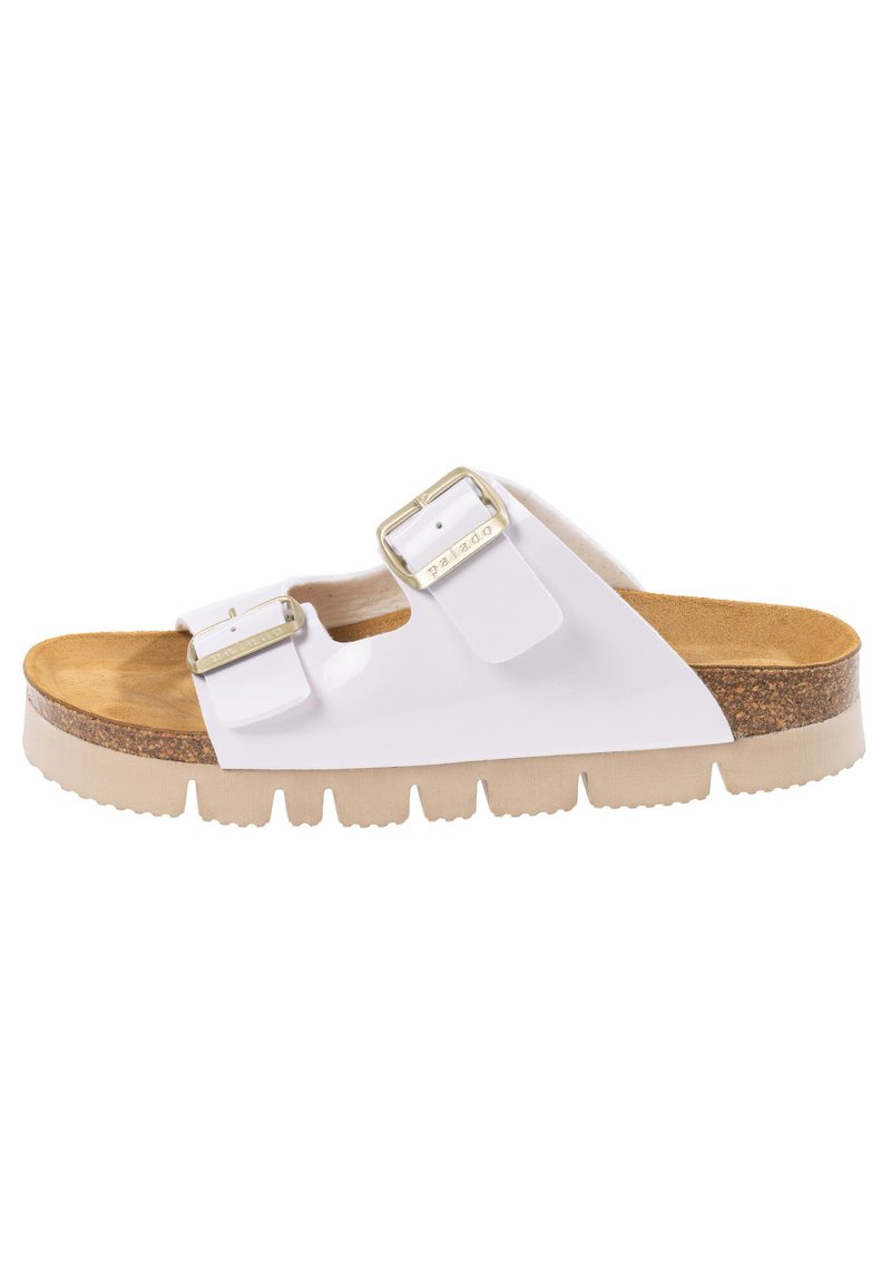 Hvide slidesandaler med to justerbare spænder, kork fodseng og en beige gummisål med et tekstureret mønster for bedre greb.