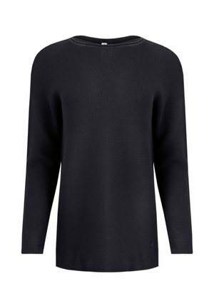 Black knitted sweater with a round neckline, long sleeves, and a relaxed fit. Features a textured fabric and a small logo accent at the hem.