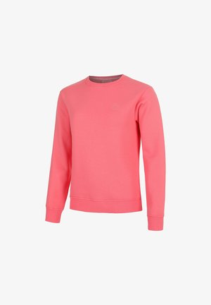 Sweat-shirt corail rose à manches longues avec col rond, poignets et ourlet côtelés, avec un petit logo embossé sur la poitrine gauche.