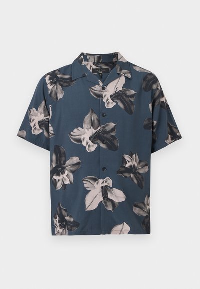 Chemise pour hommes à manches courtes avec boutons, couleur bleu foncé, imprimé floral noir et blanc de grande taille, col style camp.