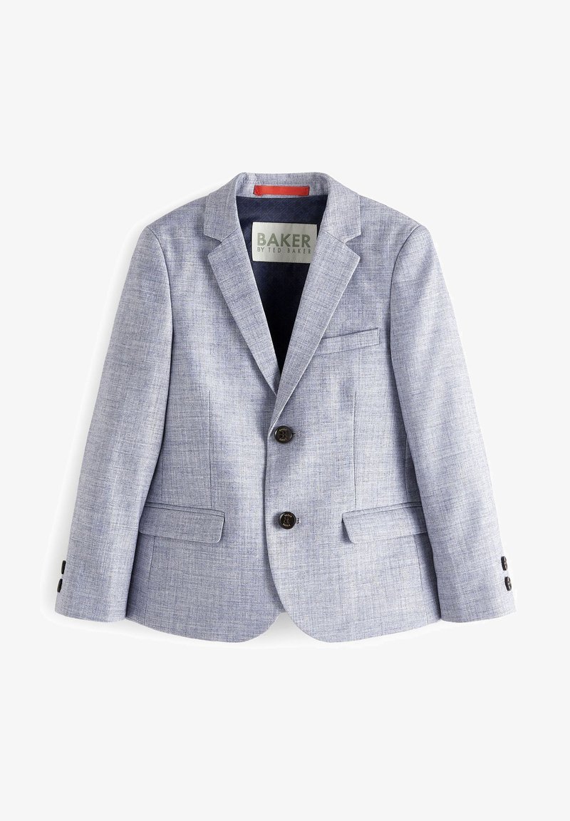 Blazer bleu clair en tissu texturé, doté d'un revers cranté, de deux poches avant et de deux boutons marron. Étiquette intérieure visible.