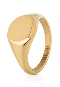 Gouden metalen zegelring met een glad, rond vlak en een taps toelopende band. Heeft een gepolijste afwerking en een gegraveerde binnenkant.