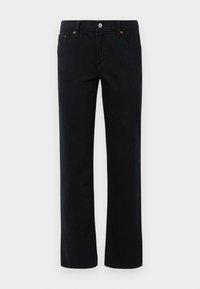 Svarte straight-leg jeans med frontlommer, beltehemper og sølvfarget knapplukking på en enkel bakgrunn.