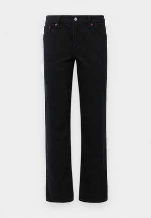 Black straight-leg jeans with front pockets, belt loops, and a silver button closure on a plain background.