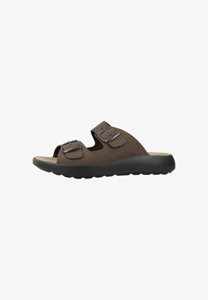 Sandalo marrone con due cinturini regolabili con fibbia in metallo e suola imbottita nera.