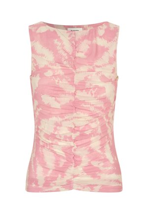 Roze en crème mouwloze top met een tie-dye patroon, geplooide textuur aan de voorkant en een ronde halslijn.